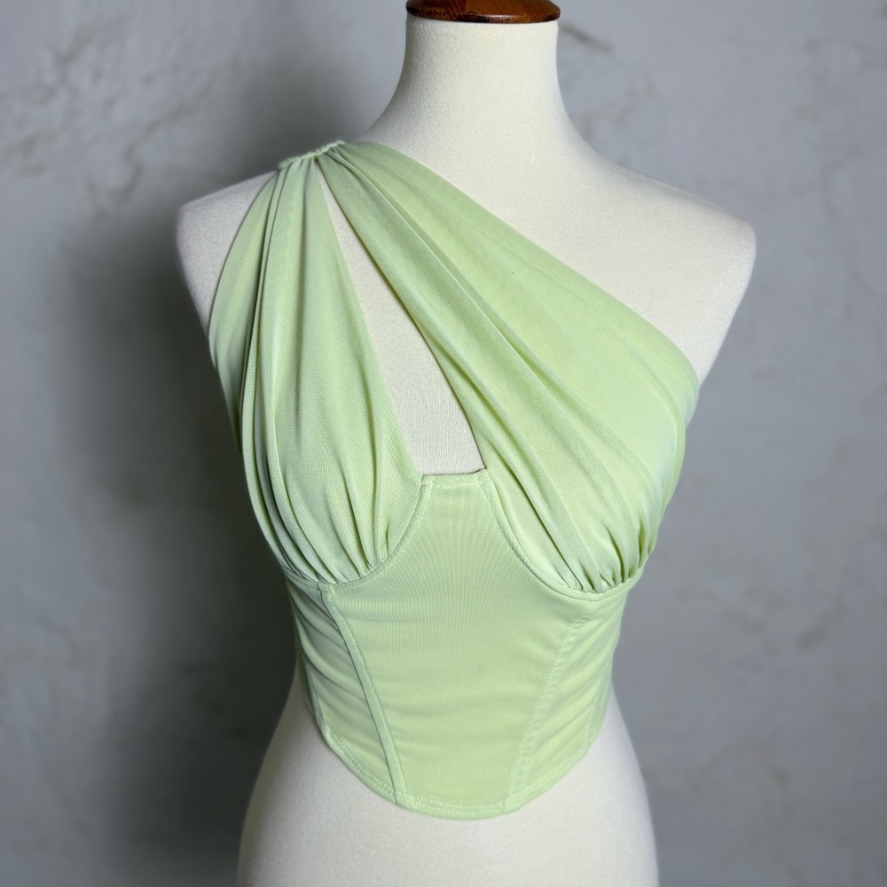 Forever 21 Asymmetric Mesh Corset Top M Mint Sage Green Snatched Going Out Y2K